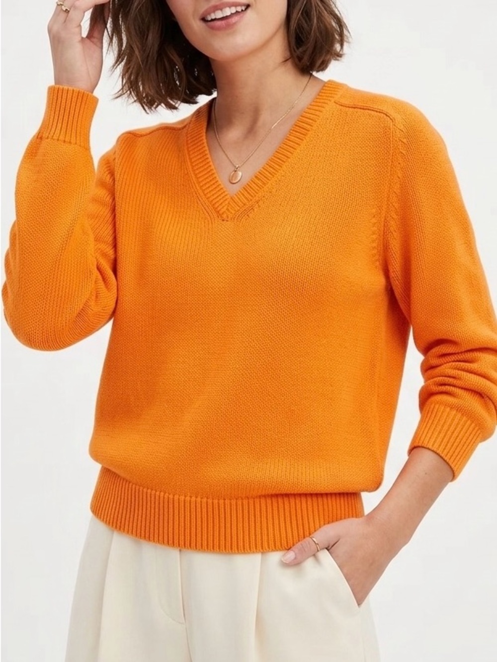 VTG Lands End Drifter V-Neck Sweater Size L Bright Orange Gorpcore Prep Chunky